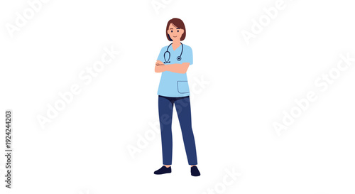 A female medical professional in blue scrubs with a stethoscope stands arms crossed.
