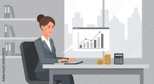 Professional businesswoman analyzing financial data on laptop in office.