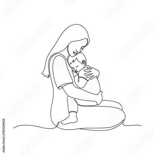 Continuous line drawing of mother hugging sleeping baby in arms vector illustration