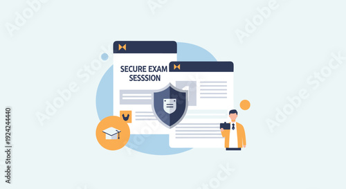 A person holds a tablet near secure exam session windows with a shield icon.