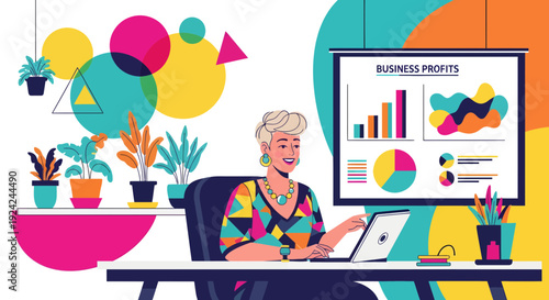 Senior Woman Analyzing Business Profits on Laptop in Office.