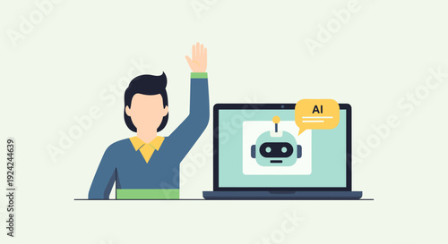 A person with a raised hand interacts with an AI chatbot on a laptop.