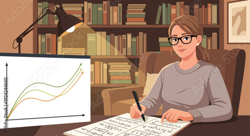 Woman in glasses writing at desk with graph on computer screen.