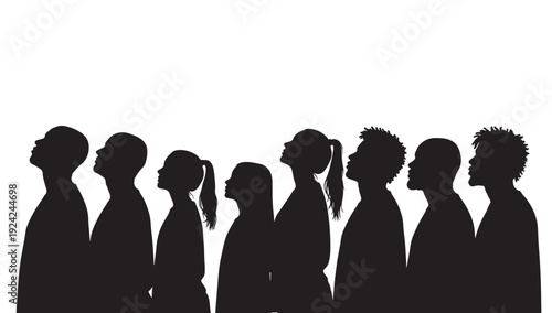 People silhouettes side view group standing in a line looking upward, diverse men and women profile cutout shapes isolated on white background, social crowd concept