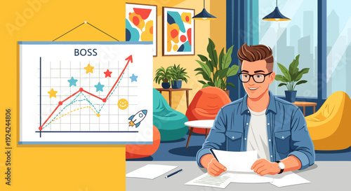 Young man in glasses working diligently at his desk.