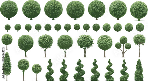 Stylized tree and shrub illustration set featuring spherical, conical, and spiral topiary designs, perfect for gardening, landscaping, architecture, and decorative projec