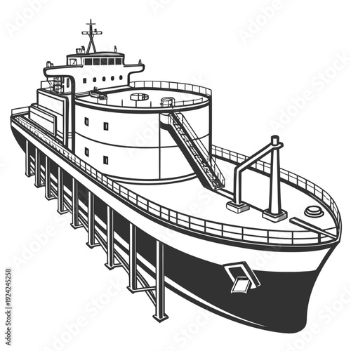 A large ship with a black and white design