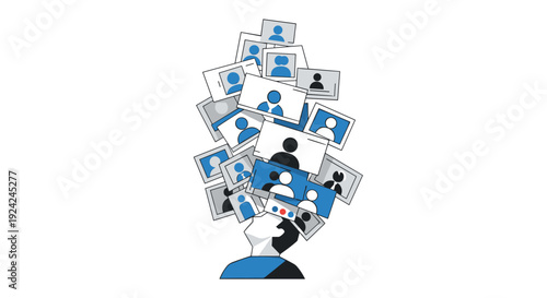A stylized human head overflows with a chaotic cluster of rectangular frames containing abstract human profile icons.