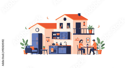 Modern family home interior with happy couple dining and smart appliances illustration
