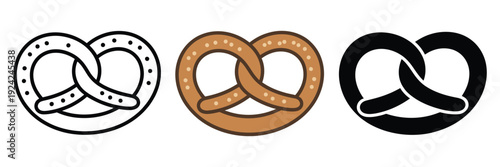 Simple pretzel design set, shown in three variations: line art outline, light brown flat colour, and solid black silhouette on white background, representing baked goods, snacks, 