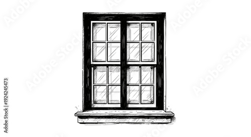 Old window detailed vintage illustration black frame and panes on white background
