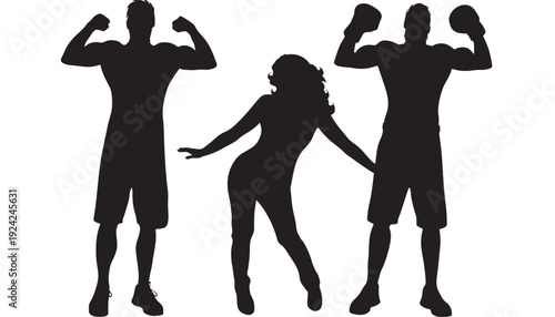 Silhouettes of athletes posing with flexed arms and a dancing woman in center, black flat figures isolated on white background for fitness, sport, party themes