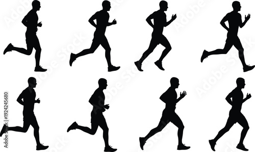 Set of running man silhouettes in different jogging poses, athletic male runner isolated on white background, black vector illustration collection for fitness design