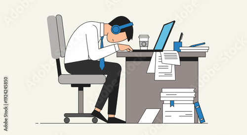 A man hunches over a laptop at a cluttered desk, wearing headphones.