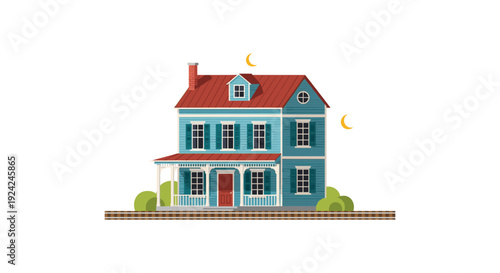 Modern blue two-story house illustration with red roof and green lawn sunny day