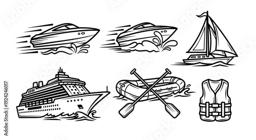 Outlined maritime transportation vector icons featuring cruise ship motorboats sailing boat and life jacket