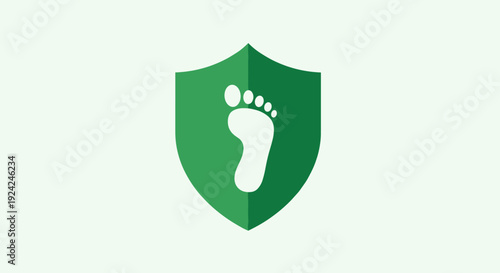A vibrant green shield with a white footprint icon is displayed centrally.