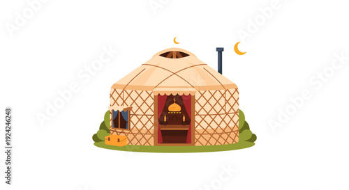 Cozy yurt tent with crescent moon and pumpkins at night outdoor autumn scene