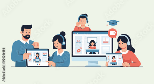 Four individuals, including two men and two women, are actively engaged in online learning sessions using laptops and tablets.