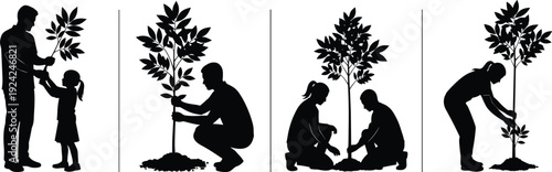 Silhouette set of people planting and caring for young trees, environmental conservation and sustainability concept vector illustration isolated on white background for design