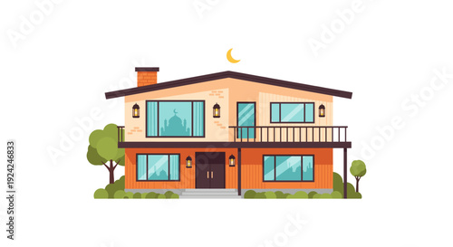 Modern two-story house with balcony and garden at sunset illustration