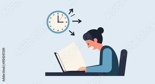 A cartoon person with dark hair works intensely on a glowing laptop screen while a large blue-rimmed clock with black hands hovers above them.