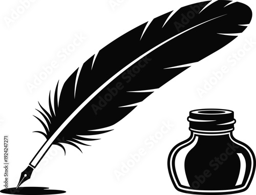 Vintage quill pen with ink bottle silhouette illustration, classic writing tool, retro calligraphy symbol, black and white vector design isolated on white background