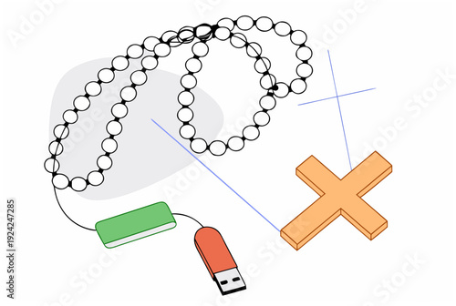 Rosary beads with USB flash drive, microchip, and 3D cross, representing a digital church and techno-religion concept. Vector illustration