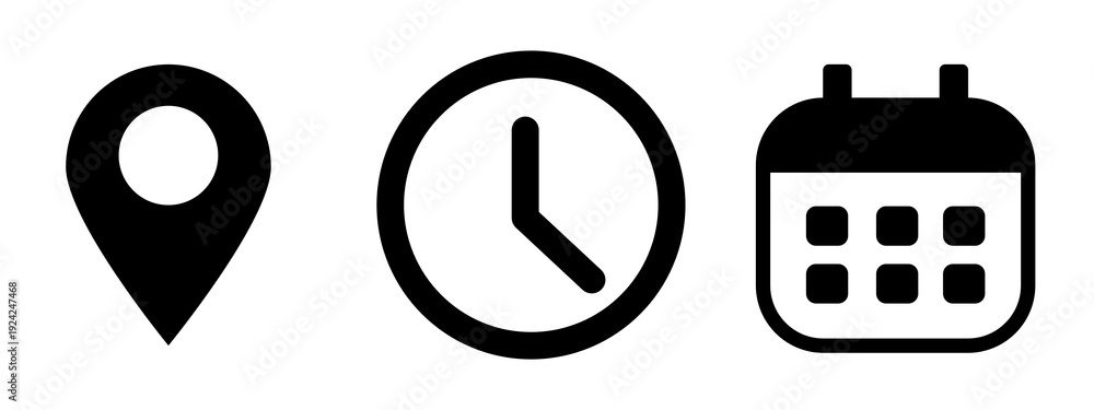 Naklejka premium Calendar, clock, and location pin icons. Time, date, and address icon vector set for events, banner, poster, meeting, agenda, invitation and business cards. 予定や計画、予約のチェックマークカレンダーアイコン