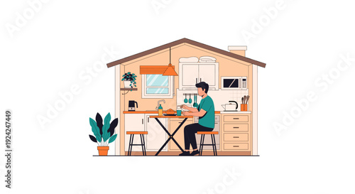 Woman working remotely in cozy wooden home office with laptop and plants