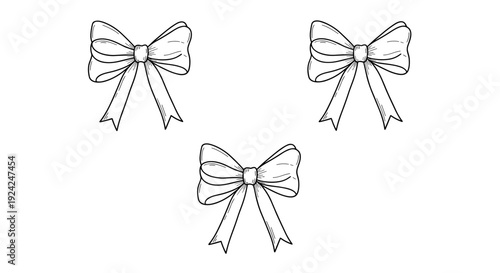 Ribbon bow set hand drawn sketch illustration for festive decoration and holiday greeting card design elements