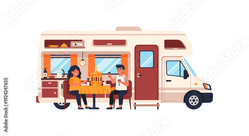 Happy family enjoying breakfast in modern motorhome with warm sunlight interior