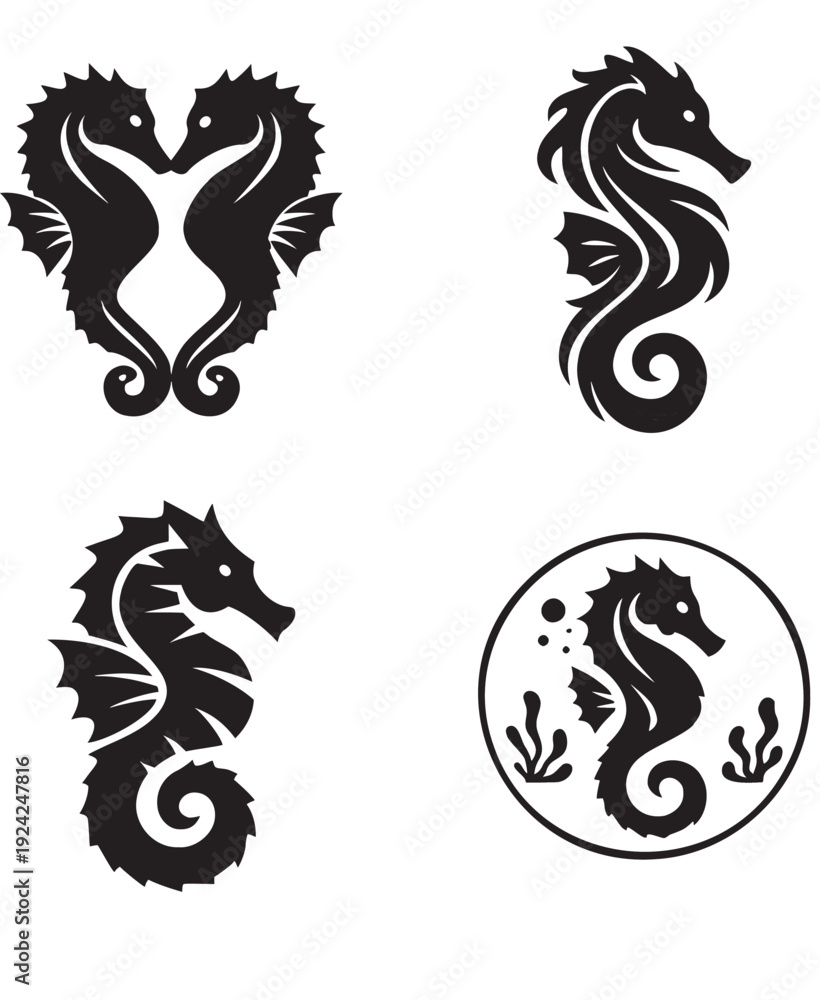 Fototapeta premium Set of Four Stylized Seahorse Illustrations in Black and White.