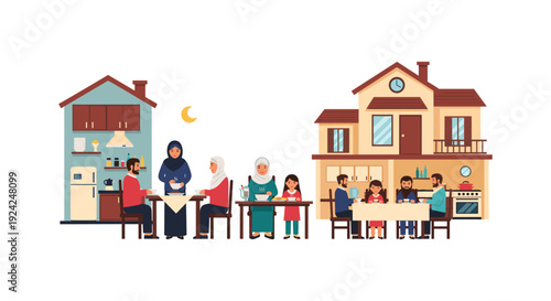 Happy multi-generational family dinner in cozy home cross-section illustration