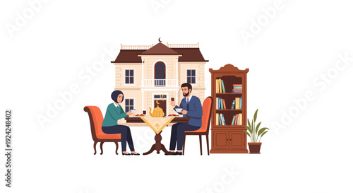 Couple enjoying coffee in cozy home library with warm wooden furniture and bookshelves
