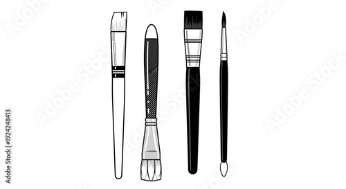 Set of four art paint brushes, various sizes, black and white drawing for artistic creation and craft supplies