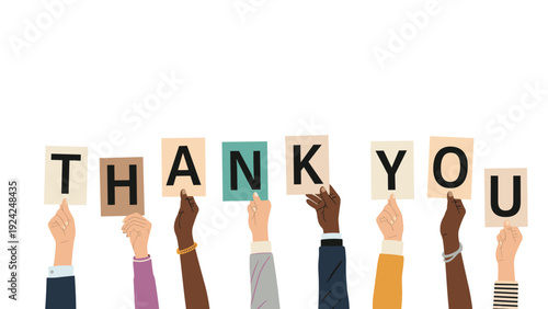 Diverse hands raising cardboard squares that spell out thank you as a gesture of gratitude and appreciation from a community.