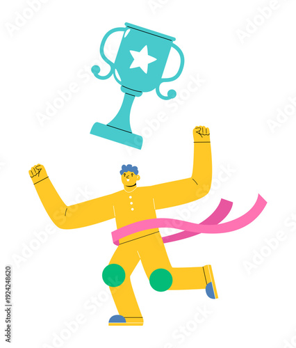 Man holding gold trophy. Success concept. Colorful vector illustration