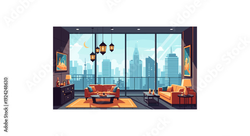 Modern luxury living room with city skyline view at sunset, elegant interior design, cozy warm lighting