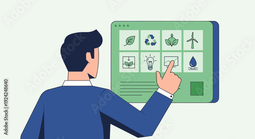 Man in blue suit points at green screen displaying eco icons.