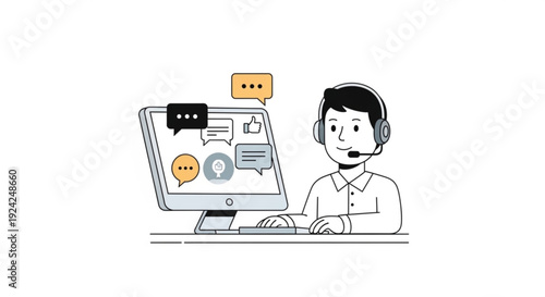 Customer service representative wearing headset working at computer with chat interface on screen