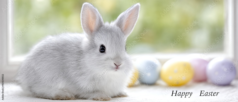 Obraz premium Cute Rabbit Sits Among Colorful Eggs on a Soft Surface During Easter Morning Light