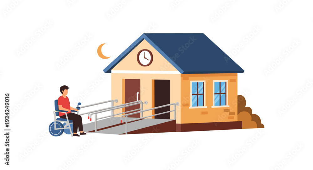 Εκτύπωση καμβά Disabled man in wheelchair accessing yellow house with ramp at sunset outdoor