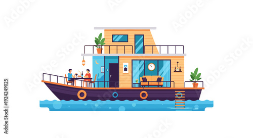 Modern houseboat floating on calm turquoise water with tropical plants and sunset glow