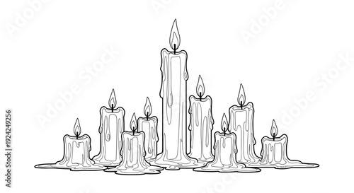Set of ten burning candles with melted wax dripping down in a festive arrangement vector illustration