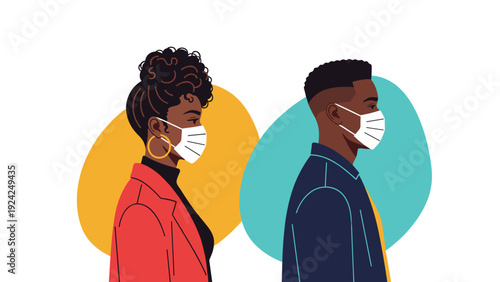 Profile view of an African American man and woman wearing white medical masks for protection against colorful abstract backgrounds.