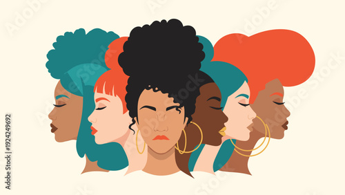 Artful overlapping profiles of several diverse women with different hairstyles and colors representing female unity and beauty.