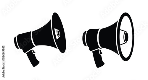Two black megaphones are displayed in a simple graphic silhouette