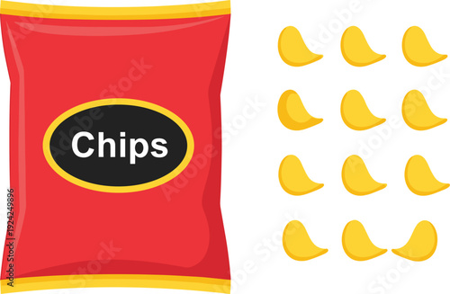 Flat vector illustration of a red potato chips snack bag with individual yellow crispy chips for food packaging design marketing and advertising.