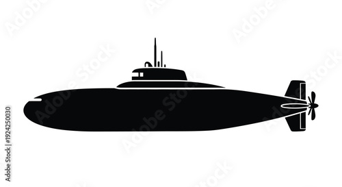 A black silhouette of a submarine against a white background silhouette